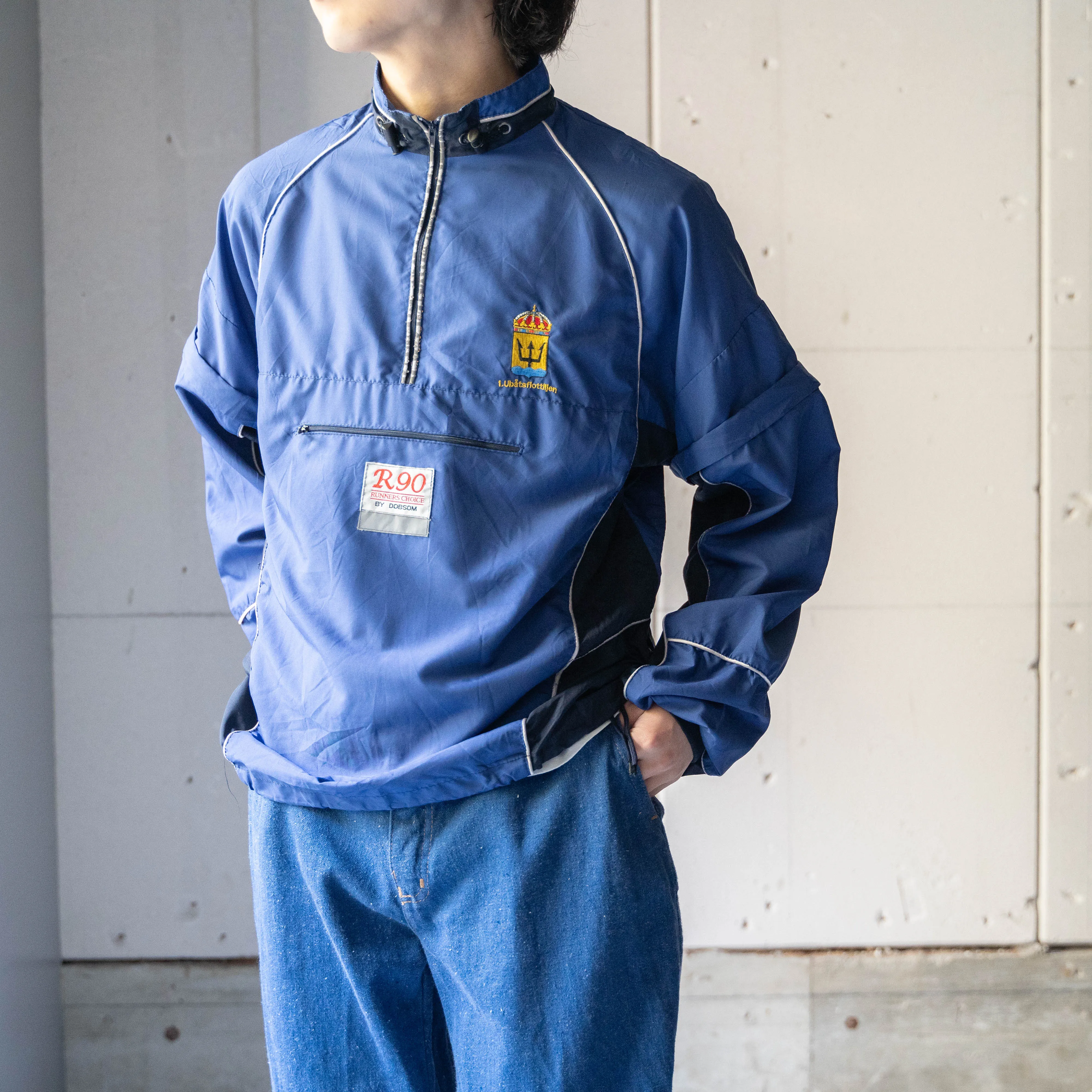 around 1990s Sweden blue × black half zip runners smock -detachable-