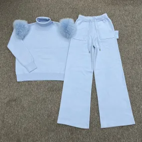 Baby Blue Luxury Fur Roll Neck Wide Leg Tracksuit