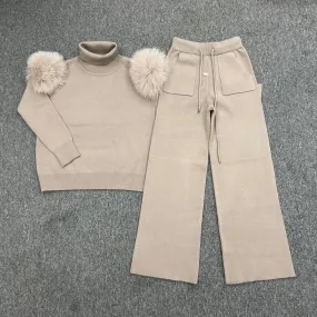 Beige Luxury Fur Roll Neck Wide Leg Tracksuit