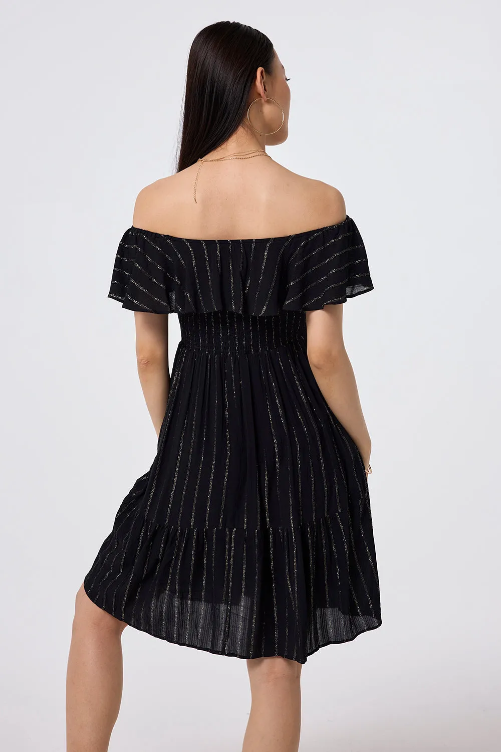 Black Lurex Short Bardot Dress