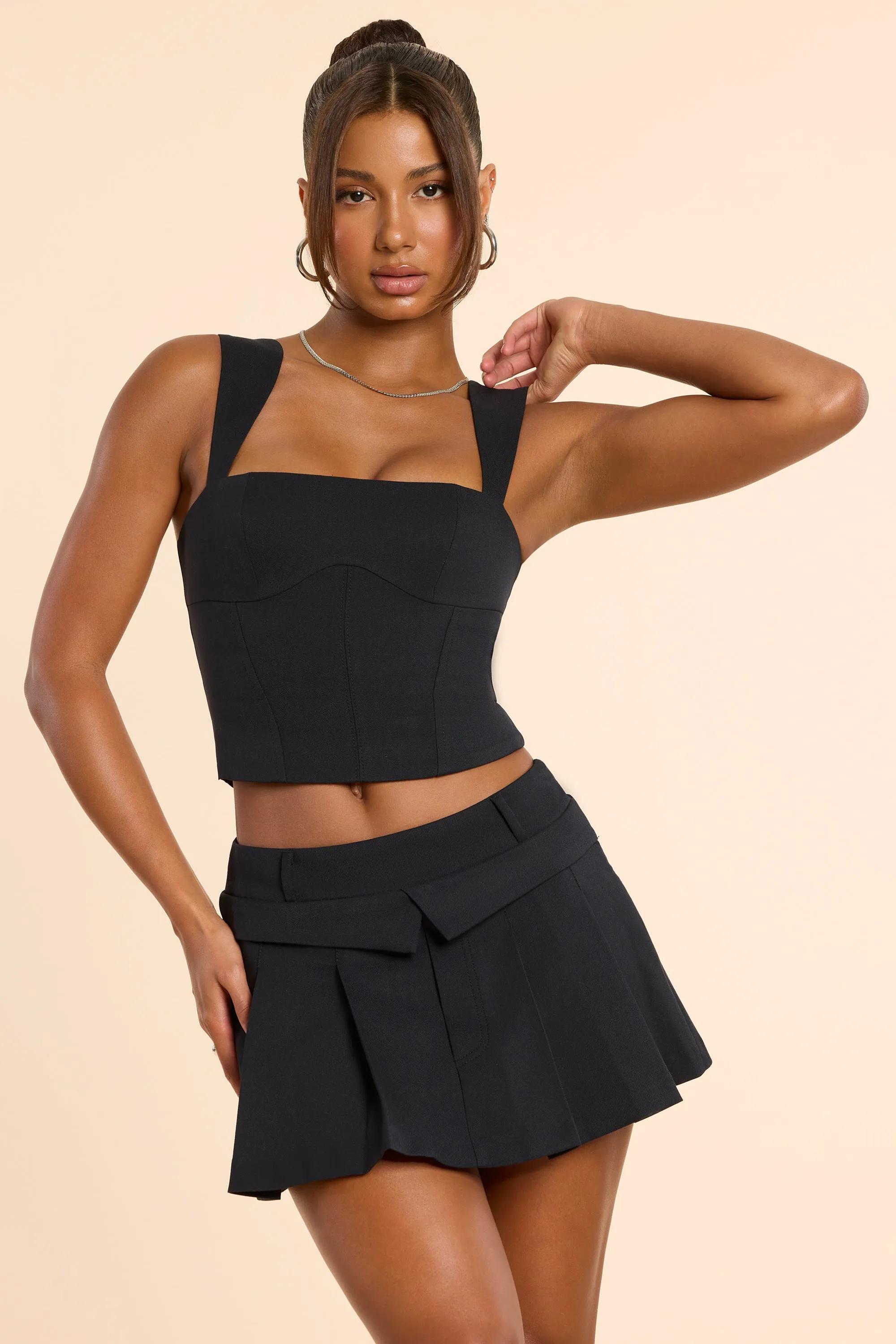 Brushed Twill Square Neck Tailored Top in Black