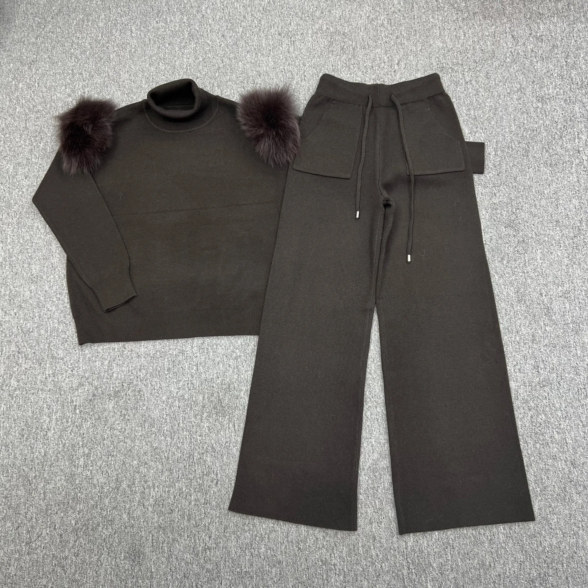 Chocolate Luxury Fur Roll Neck Wide Leg Tracksuit