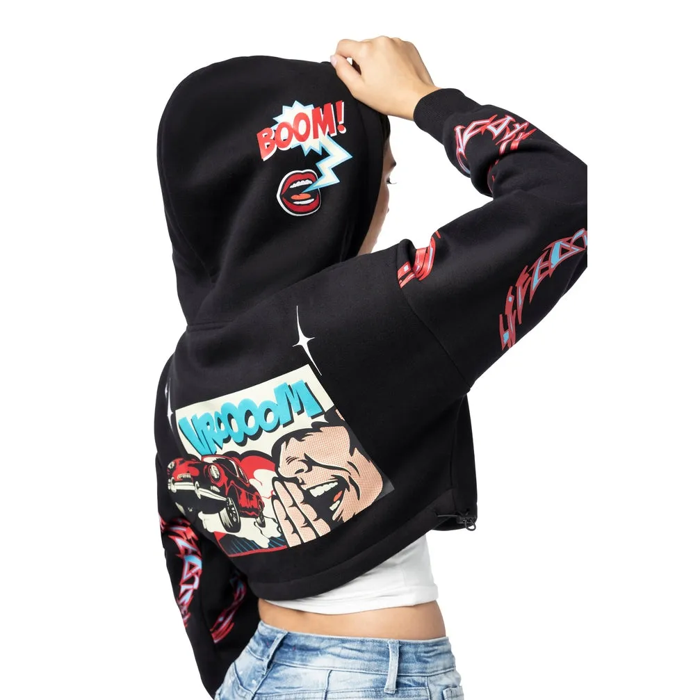 Drop Shoulder Cropped Hoodie - Black