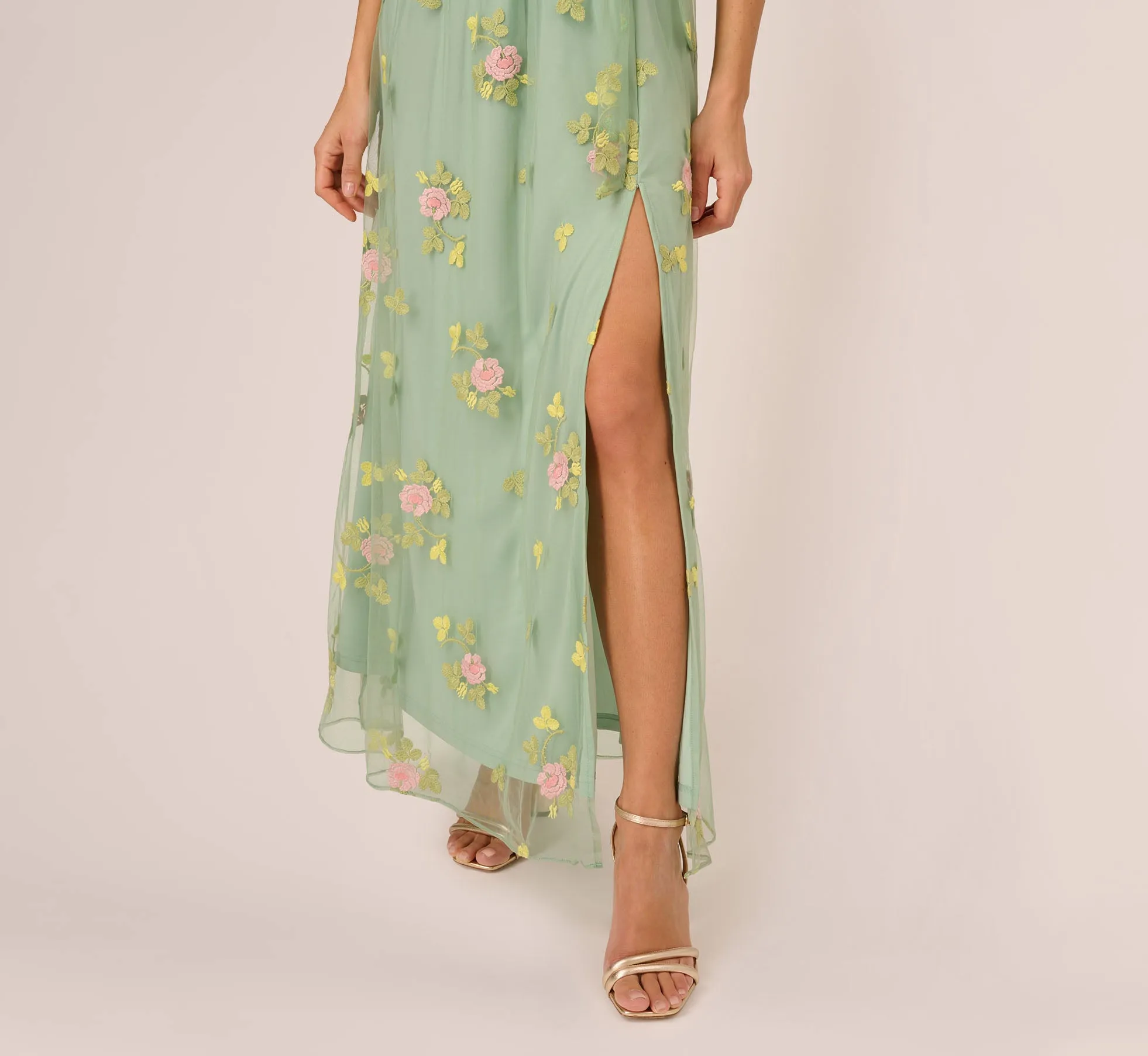 Floral Embroidered Maxi Dress With Sheer Flutter Sleeves In Sage Multi