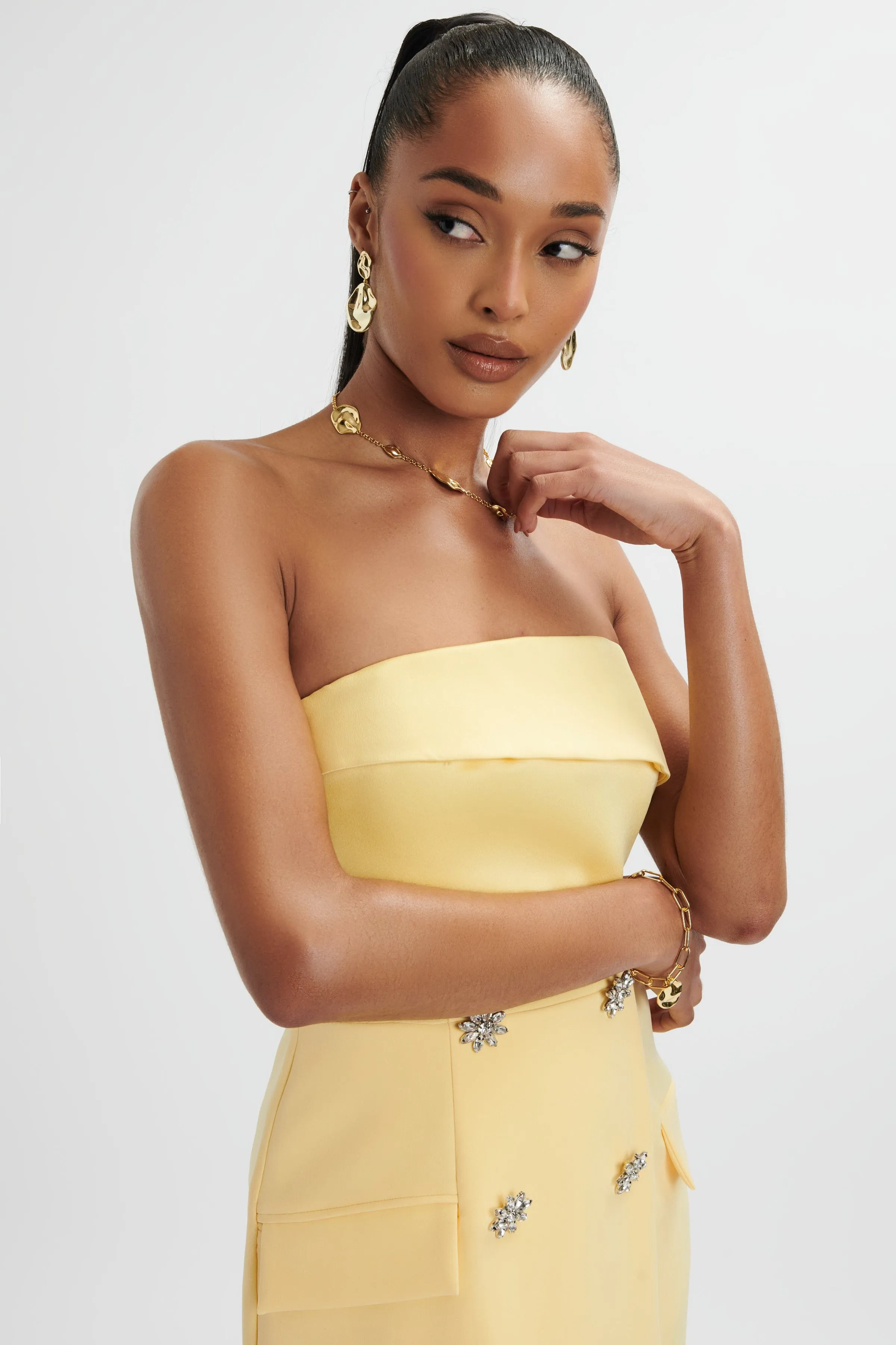 FLUER Bandeau Tailored Midi Dress In Pastel Yellow