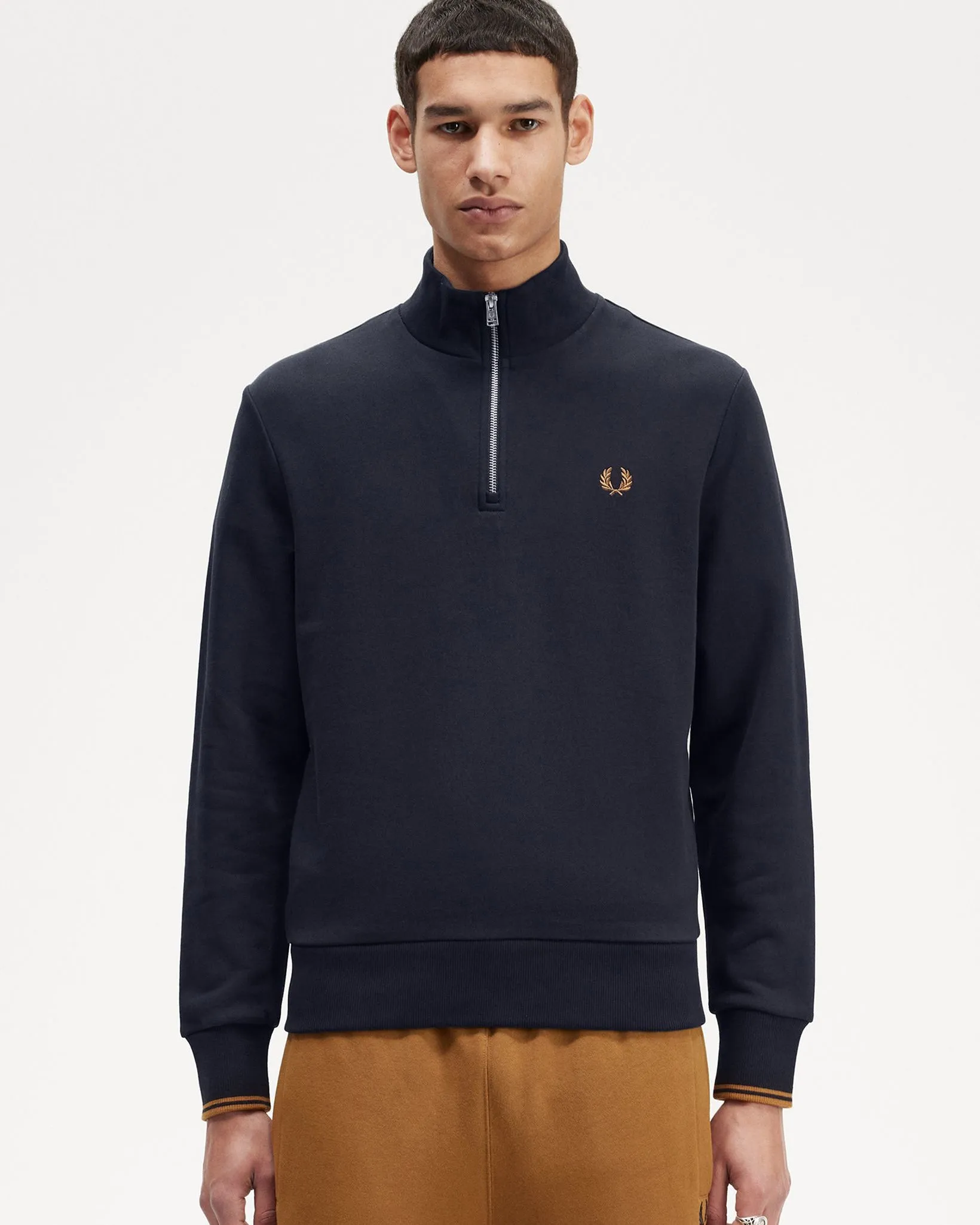 Fred Perry Half Zip Sweatshirt - Navy / Dark Caramel