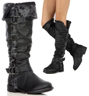 Furry Cuff Vegan Leather Knee High Slouch Rider Boots