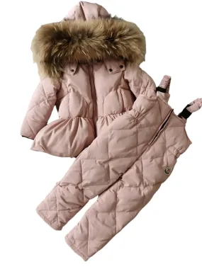 Girls Duck Down Real Fur Snow Suit Parker Jacket and trousers Baby Pink