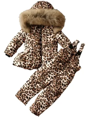 Girls Duck Down Real Fur Snow Suit Parker Jacket and trousers Leopard