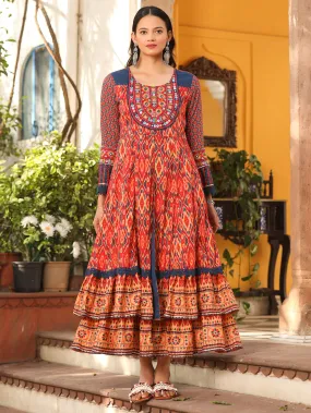 Juniper Rust Cotton Ikat Printed Layered Maxi Dress With Thread Embroidery & Dori Tassel Tie-Up At Waist