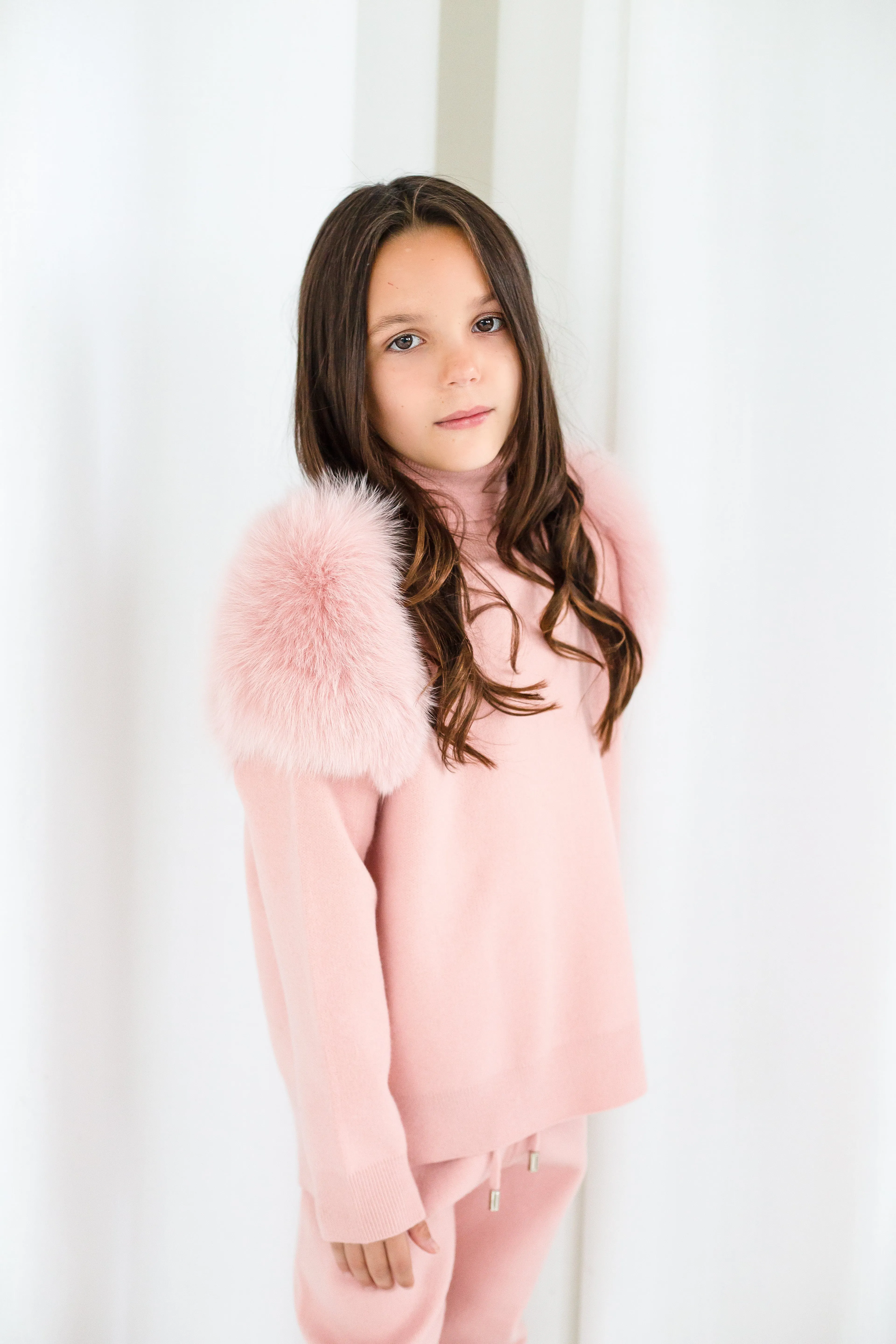 Knitted sweater set with fur shoulder - PINK