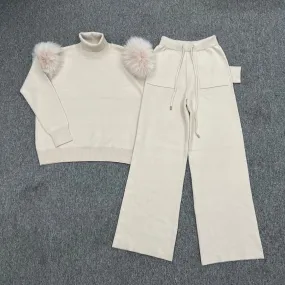 Light Beige Luxury Fur Roll Neck Wide Leg Tracksuit