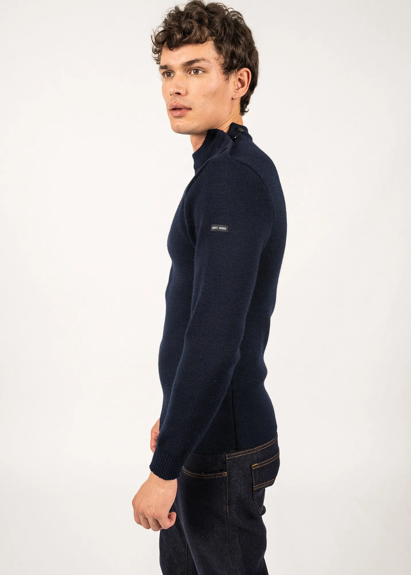 MATELOT - Wool Fisherman Sweater with Button Shoulder | Slim Fit (NAVY)