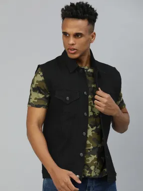 Men's Black Slim Fit Washed Sleeveless Denim Jacket