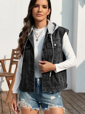 Pocketed Button Up Hooded Denim Vest Jacket