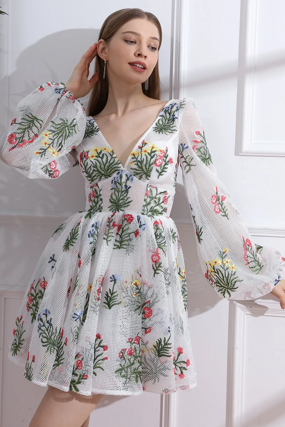 V Neck Colorful Floral Net Dress with Long Puff Sleeves