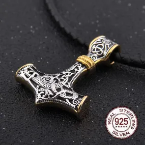 Viking Necklace Mjolnir With Gold Trim 925 silver